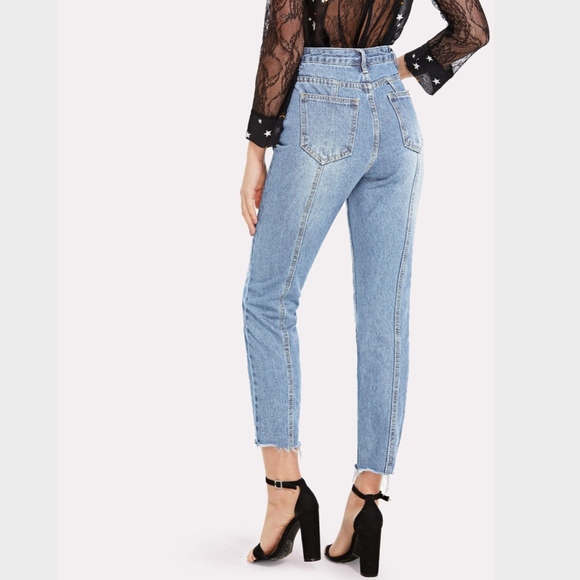 Raw Hem Blue High Waisted Jeans Light Wash - Picture 5 of 7